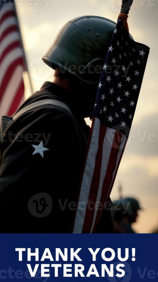 Veterans Day tribute at a memorial ceremony with flags and honored service members in the background photo