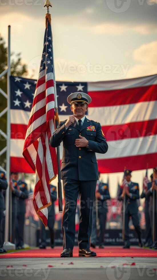 Officer saluting while holding the American flag during a military ceremony in early evening light photo