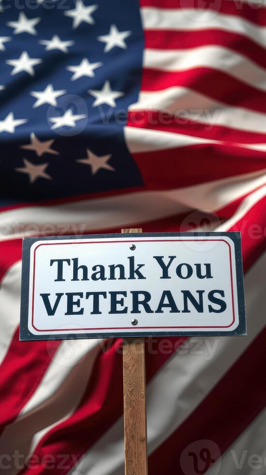 Sign expressing gratitude to veterans positioned in front of an American flag backdrop during a commemorative event photo