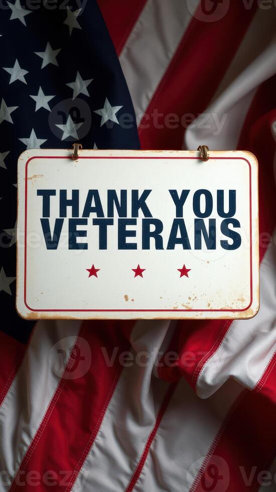 Sign honoring veterans displayed against a backdrop of an American flag, emphasizing gratitude and respect during a patriotic event photo