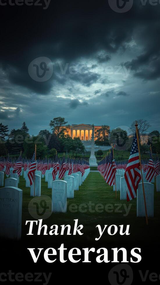 Honor and respect for veterans at a solemn memorial site punctuated by flags under a dramatic sky photo