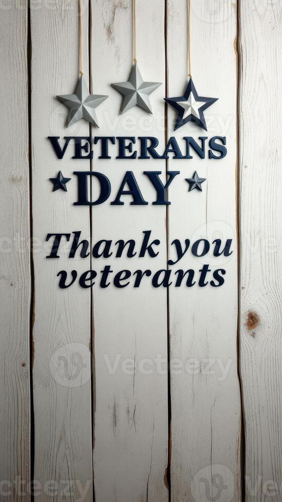 Veteran Day decoration with stars hanging on a wooden background expressing gratitude for veterans photo