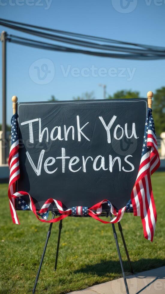 Community tribute for veterans with a heartfelt message displayed on a chalkboard surrounded by patriotic decorations photo