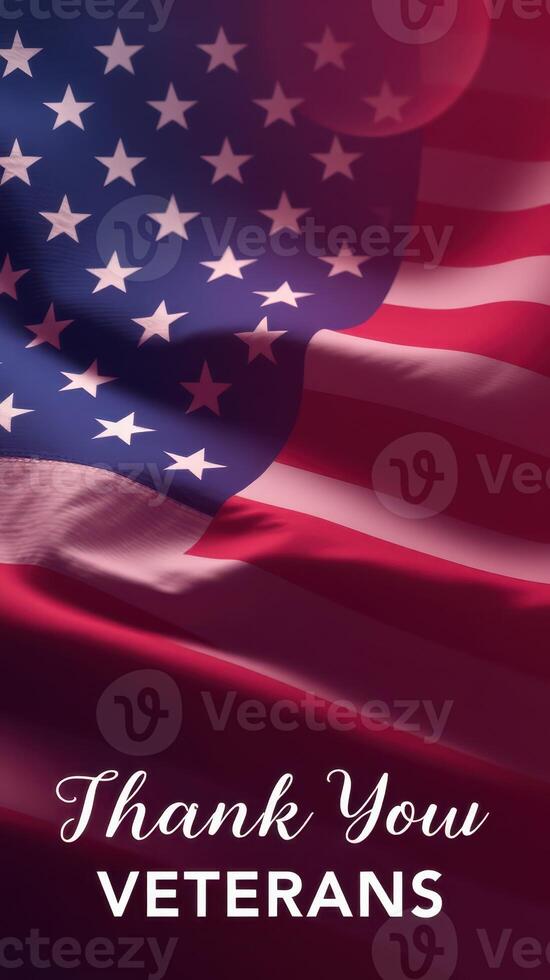 Patriotic display honors veterans with a waving American flag and a heartfelt message of gratitude photo