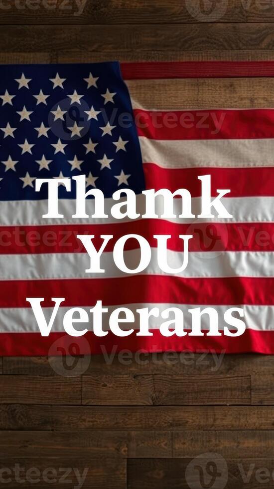Thank you veterans message displayed on an American flag in a rustic setting photo