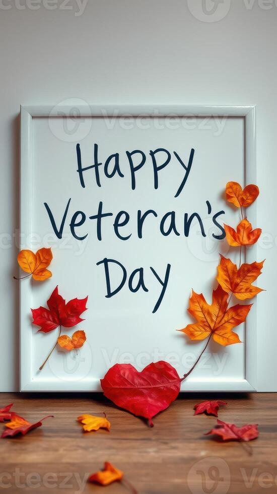 Happy Veterans Day celebration with colorful autumn leaves decoration on a white framed sign photo