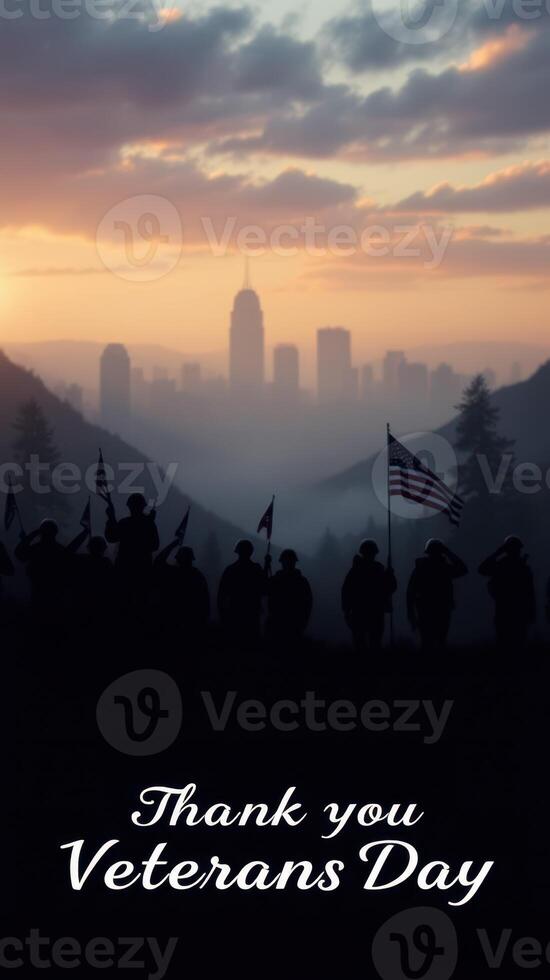 Celebration of Veterans Day at dusk with skyline backdrop and silhouetted figures holding flags photo