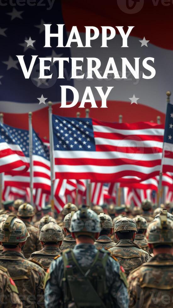 Veterans Day ceremony with soldiers and American flags celebrating honor and remembrance photo