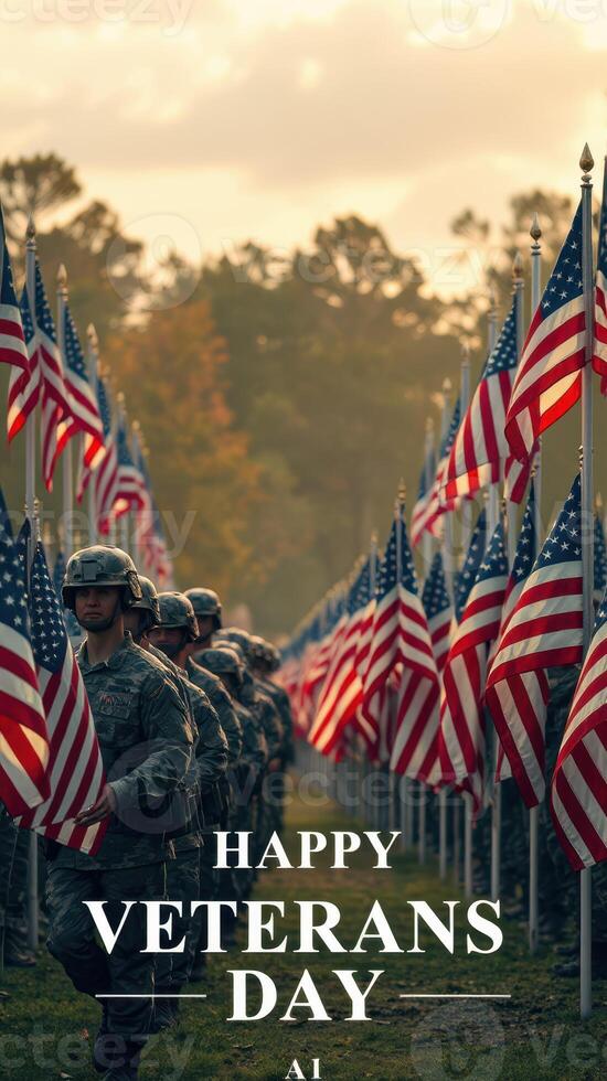 Military personnel lined up among American flags during a ceremony honoring veterans on a serene autumn afternoon photo