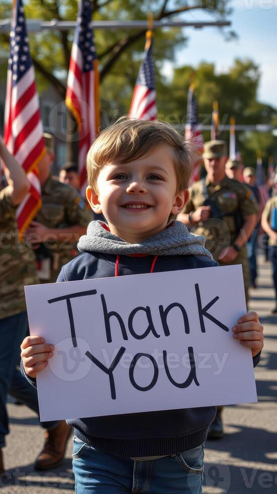 Young boy expresses gratitude during a patriotic parade with flags and service members in background on a sunny day photo