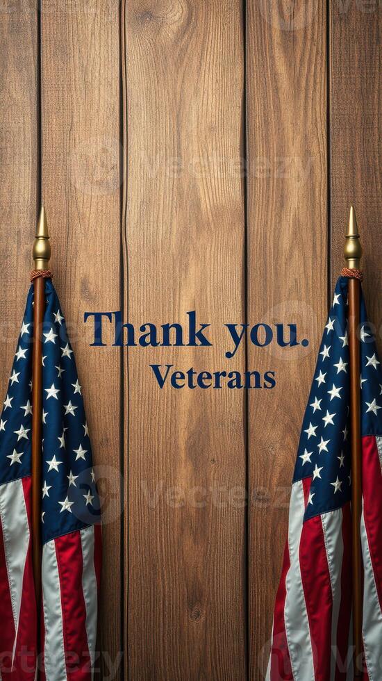 Thank you message honoring veterans alongside two American flags on a wooden backdrop photo