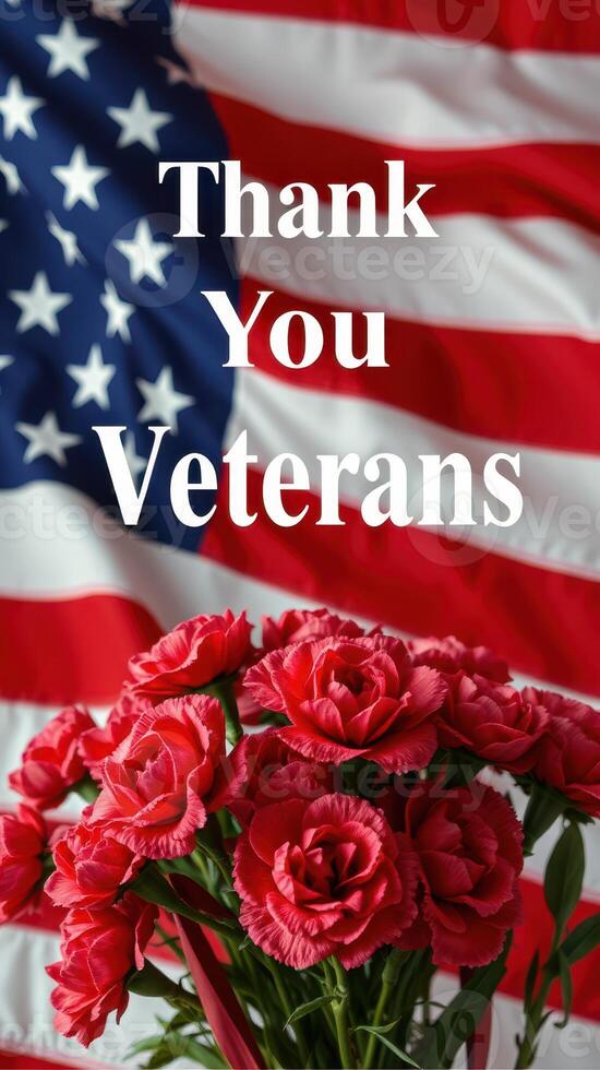 Red carnations in front of a waving American flag honoring veterans and expressing gratitude for their service and sacrifice photo