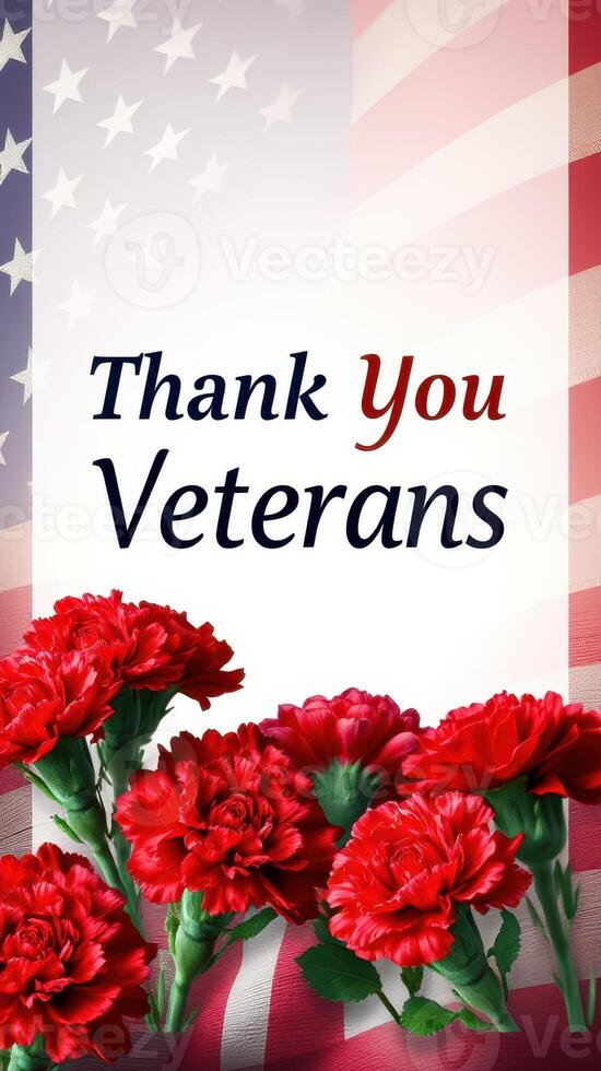 Celebrating veterans with red carnations and an American flag background during a national memorial event photo