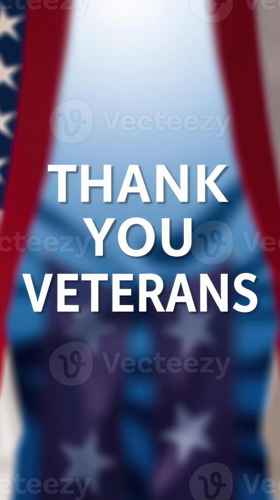 Tribute to veterans with heartfelt gratitude expressed against a backdrop of the American flag on a bright day photo