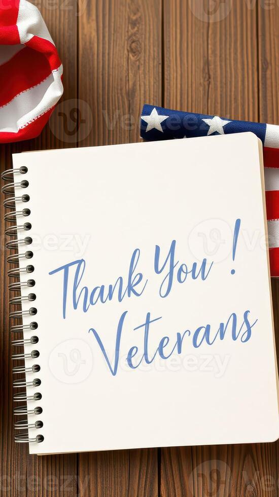 Thank you message for veterans displayed with American flag colors in a cozy setting photo