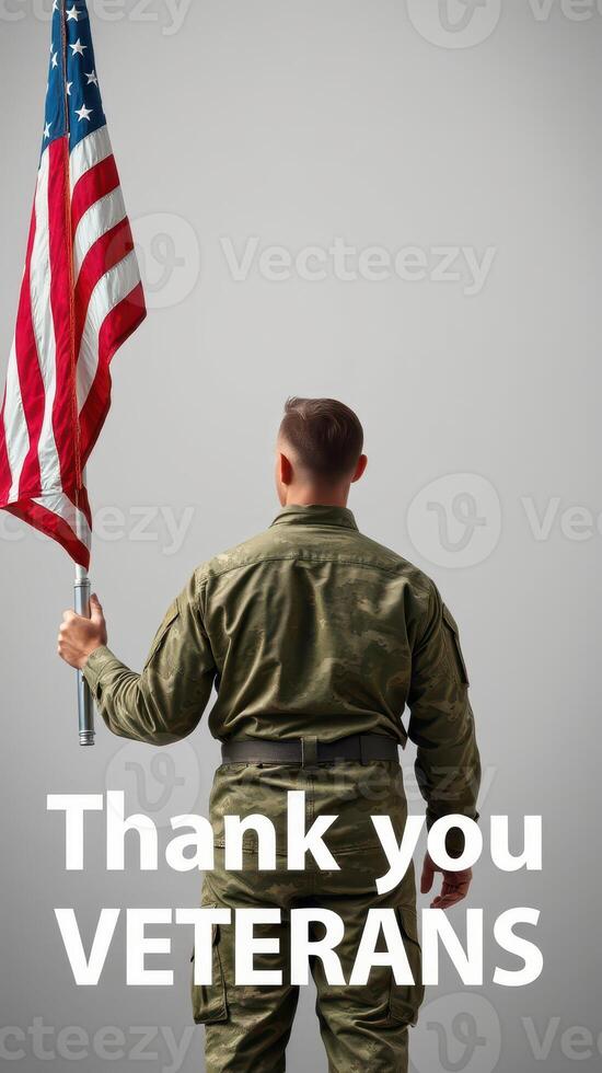 Saluting veterans with pride while holding an American flag in a respectful indoor setting photo