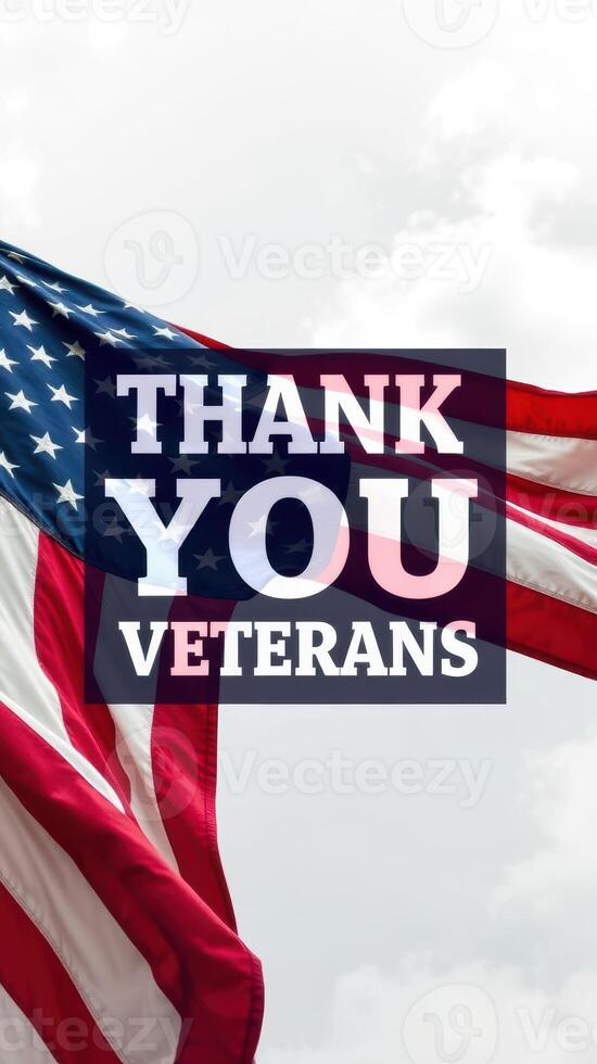 United States flag waving in the wind with a message of gratitude for veterans on a cloudy day photo