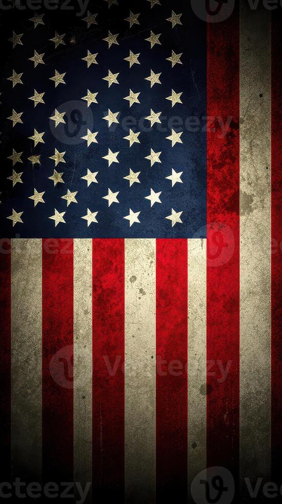 Vintage American flag with weathered texture displayed on a dark background photo