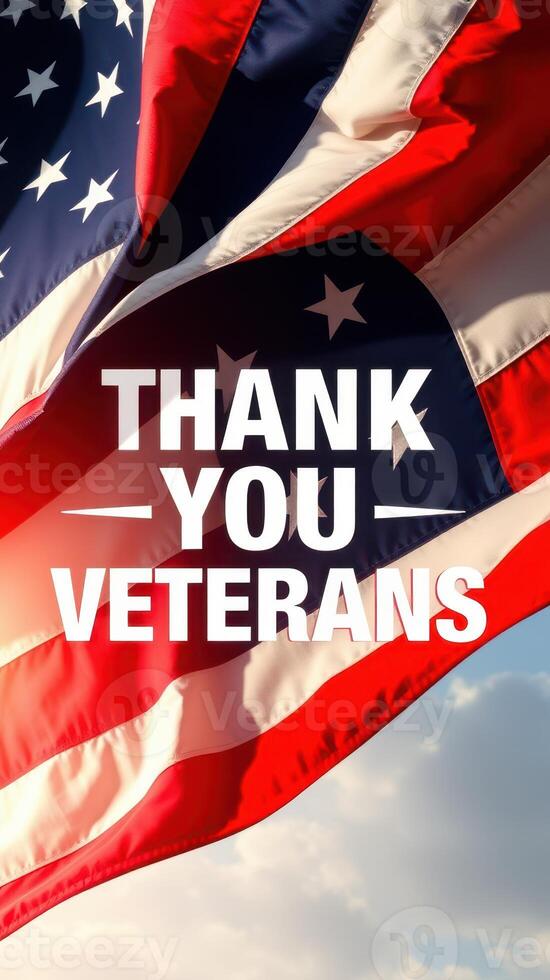 Flag waving with message honoring veterans in a patriotic display during a sunny day photo