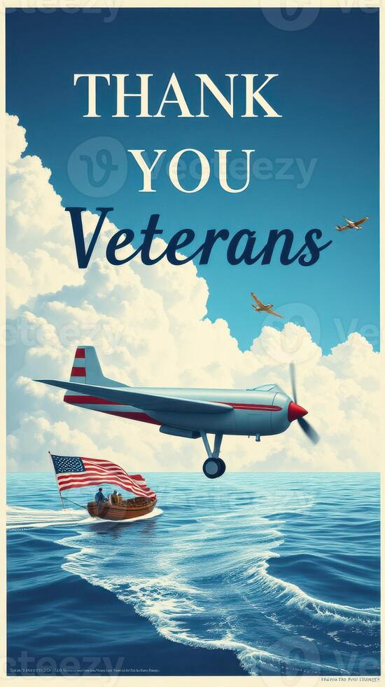 Thanking veterans with an inspiring scene of patriotism over calm waters and a bright sky photo