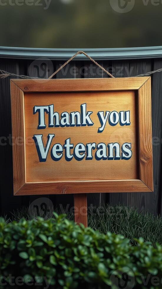 Thank you veterans sign displayed in a well-kept garden during a sunny afternoon photo