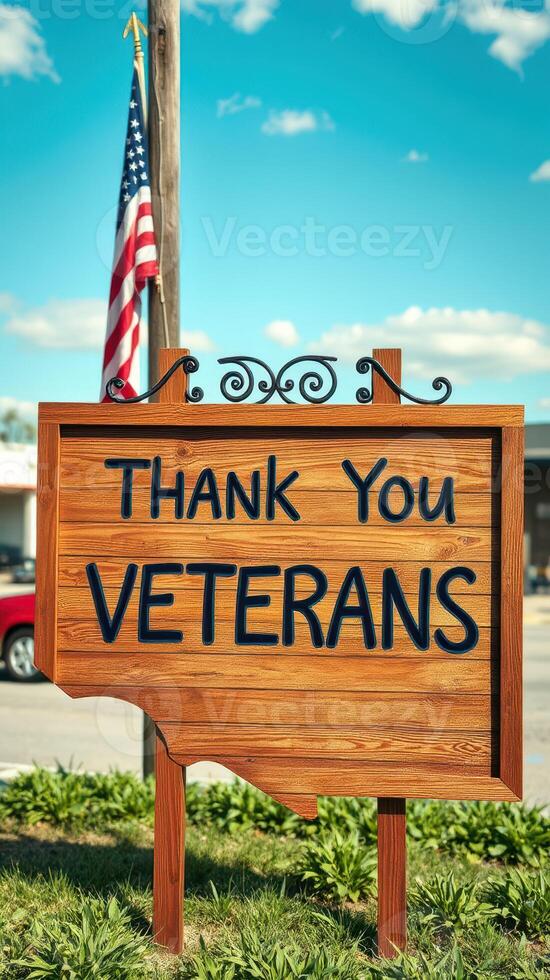 Sign expressing gratitude to veterans in a community setting during daytime photo