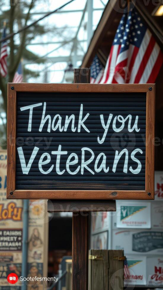Community appreciation sign honoring veterans displayed at a local event on a sunny day photo