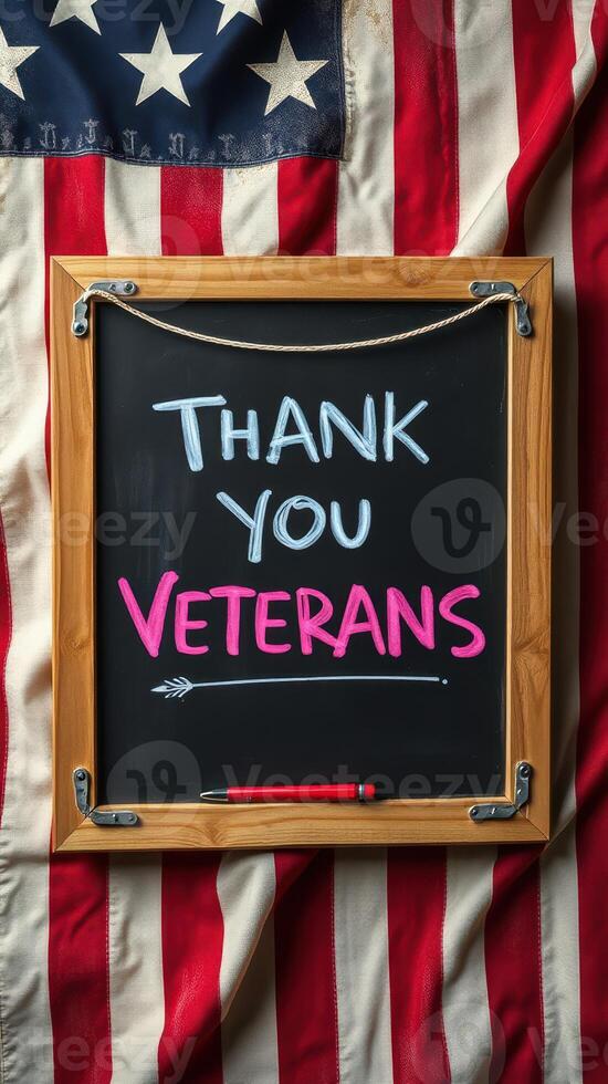 Thank you veterans message displayed on a chalkboard against a backdrop of a flag photo