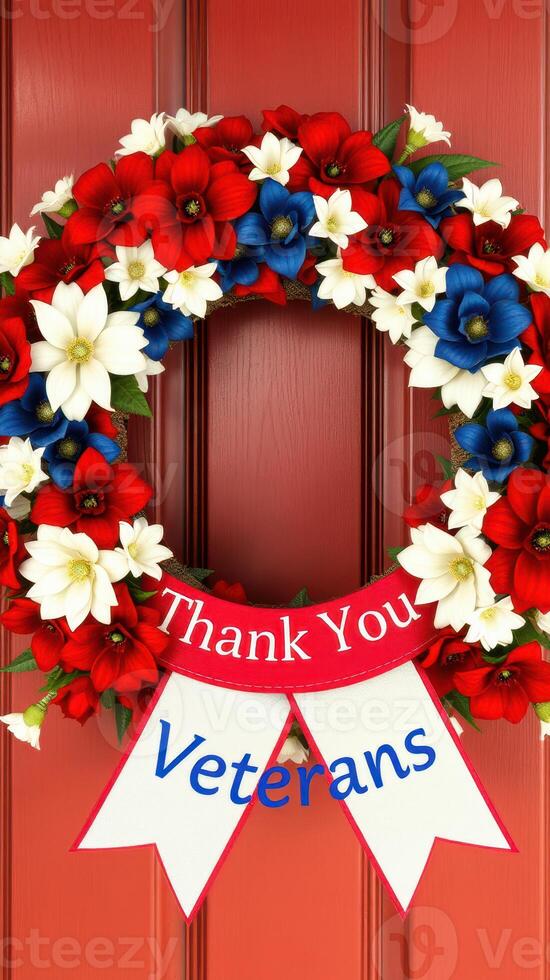 Colorful wreath commemorates veterans with flowers and a heartfelt message on a red door photo
