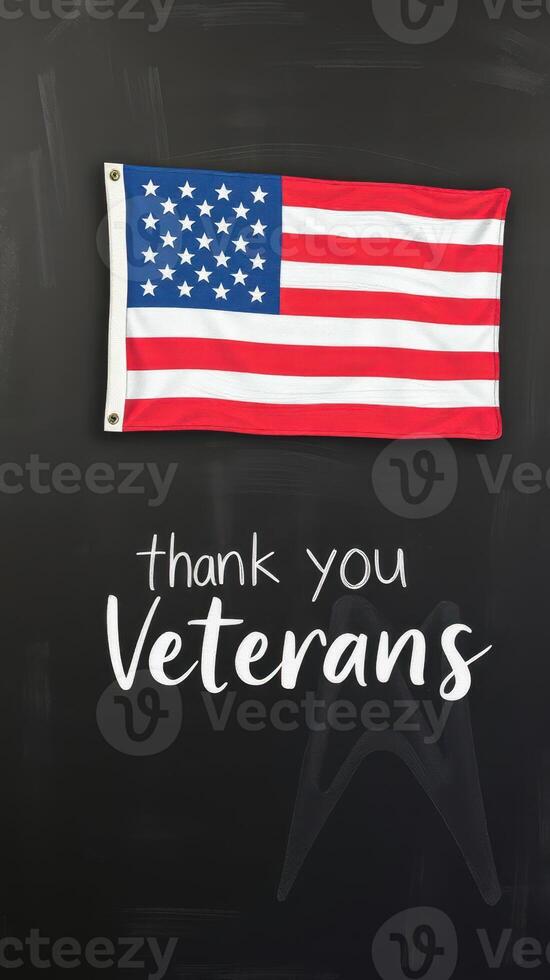 Display of appreciation for veterans with American flag on a blackboard backdrop photo