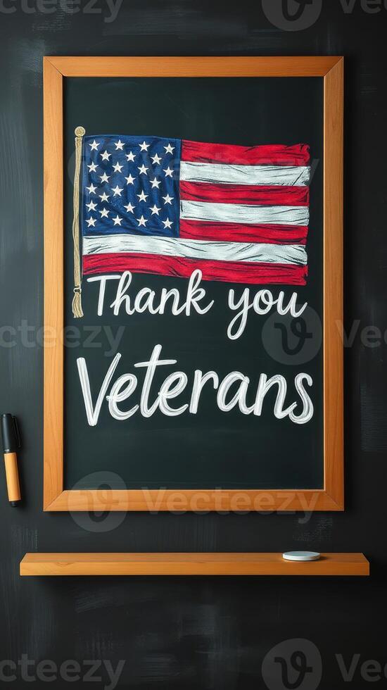 Creative chalkboard display honoring veterans with American flag design and heartfelt message of gratitude photo
