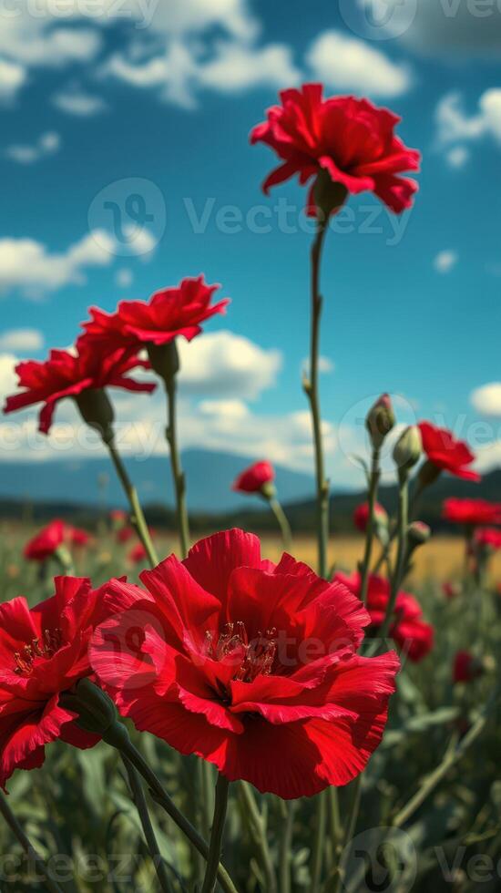 Vibrant red flowers bloom under a bright blue sky in a scenic landscape with rolling hills photo