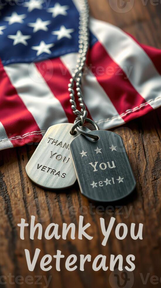 Emotional tribute highlighting appreciation for veterans with dog tags and American flag photo