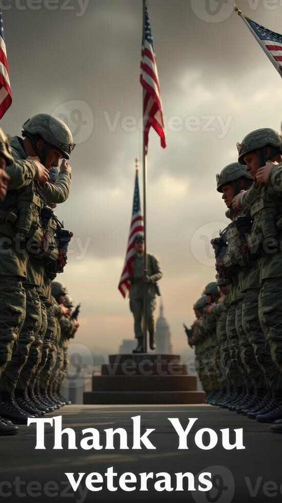 Saluting veterans during a commemorative ceremony with the city skyline in the background photo