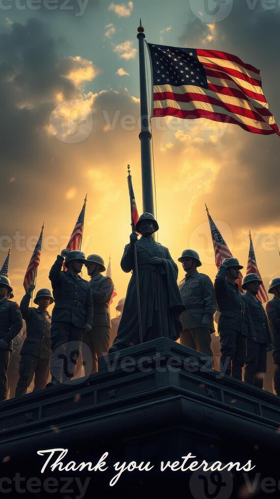 Tribute to veterans standing tall against a backdrop of flags and a dramatic sky at dusk photo
