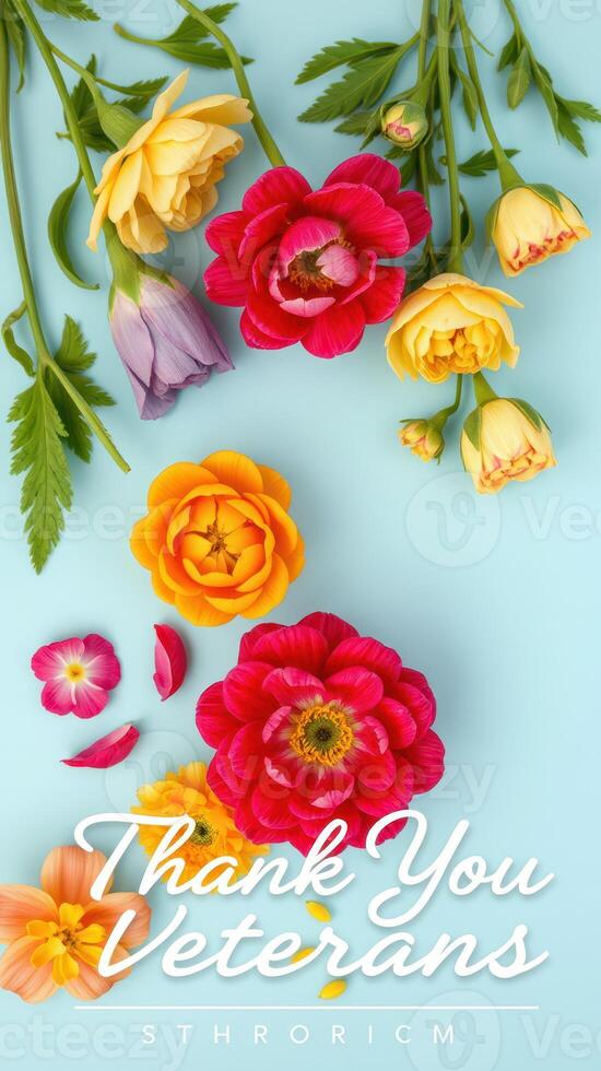 Beautiful flowers arranged thoughtfully with a heartfelt thank you to veterans in a vibrant color palette photo