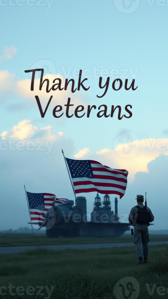 Veterans honored with flags at military base during twilight hours in a peaceful display of gratitude photo