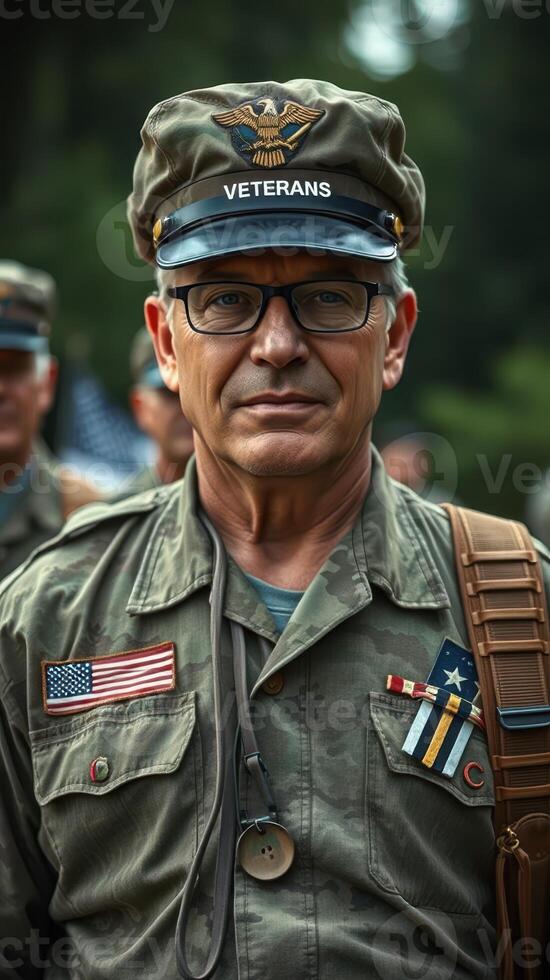 Veterans gather to honor their service at a memorial event with pride and respect in a peaceful setting photo