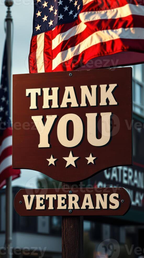 Community honors veterans with gratitude sign in town square on a sunny day photo
