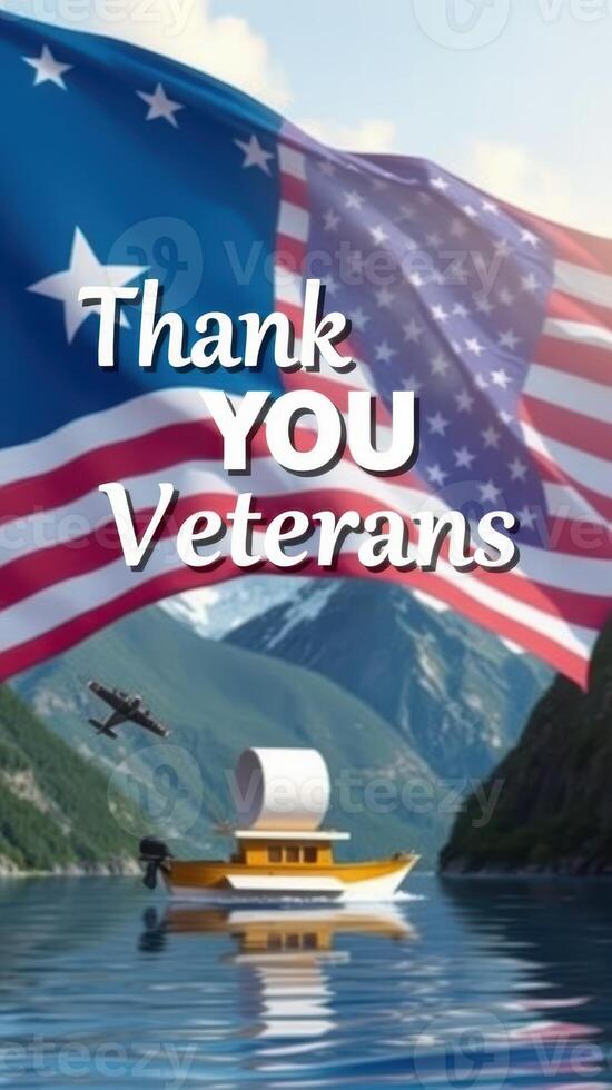 Colorful tribute honoring veterans with an American flag backdrop at a serene lake surrounded by mountains photo