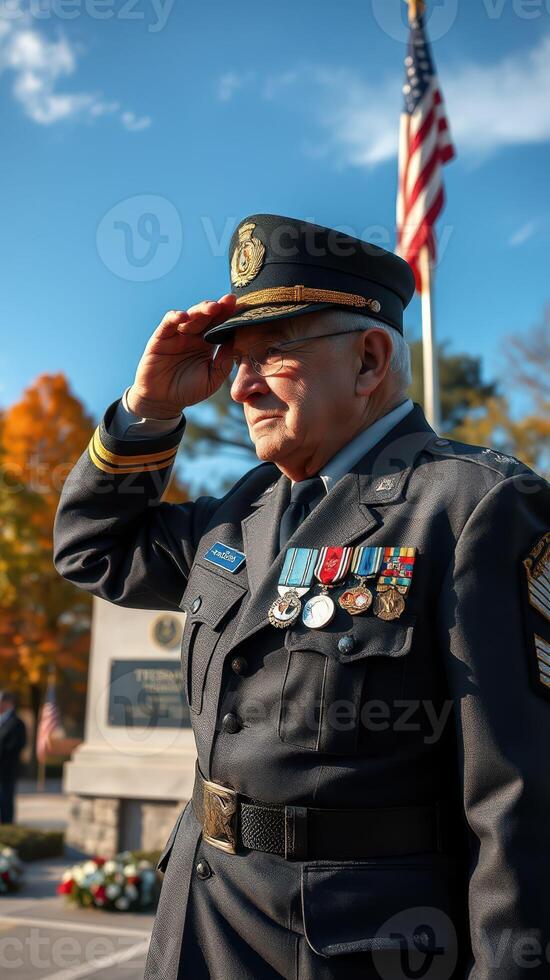 Veteran salutes flag during memorial ceremony in autumn at local park photo