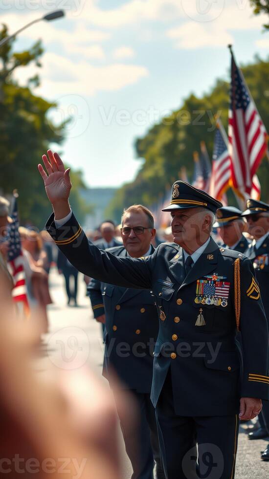 Veterans march proudly in a parade honoring their service along the tree-lined streets of a small town photo