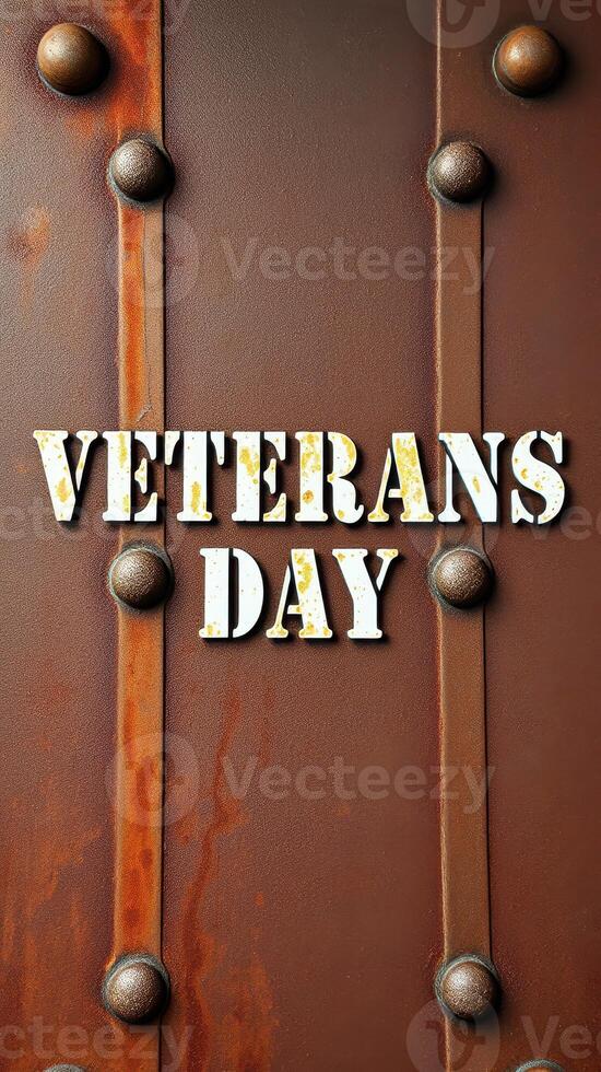 Celebration recognizes Veterans Day with artistic display on a textured brown background featuring bold lettering photo