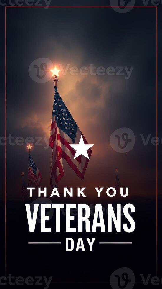 Emotional tribute to veterans displayed with an illuminated flag and heartfelt message during dusk photo