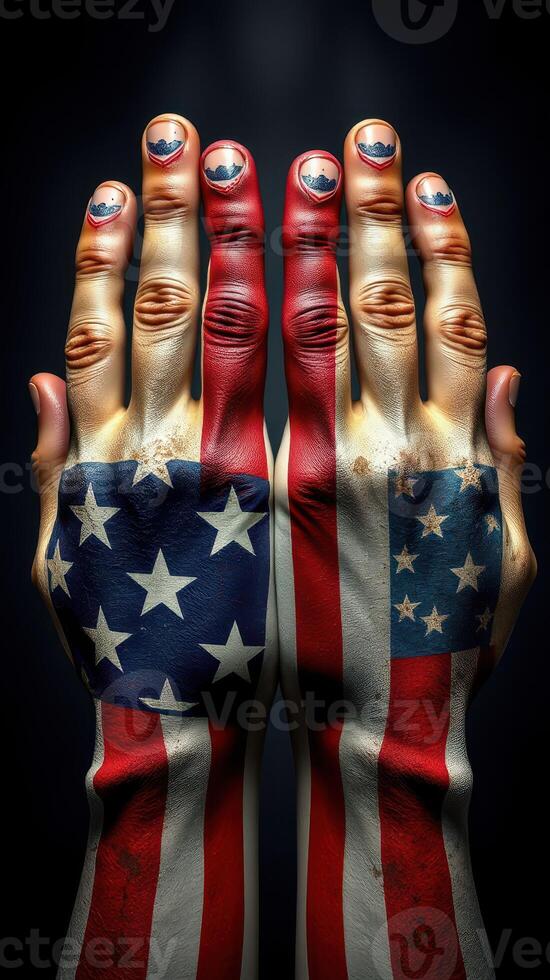 Creative expression of patriotism with hands painted in American flag colors and designs showcased in a dark background photo