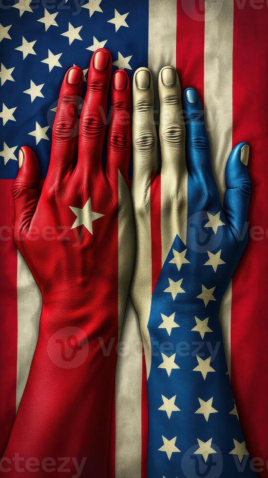Multicultural unity represented through hands painted in contrasting colors against a backdrop of flags photo