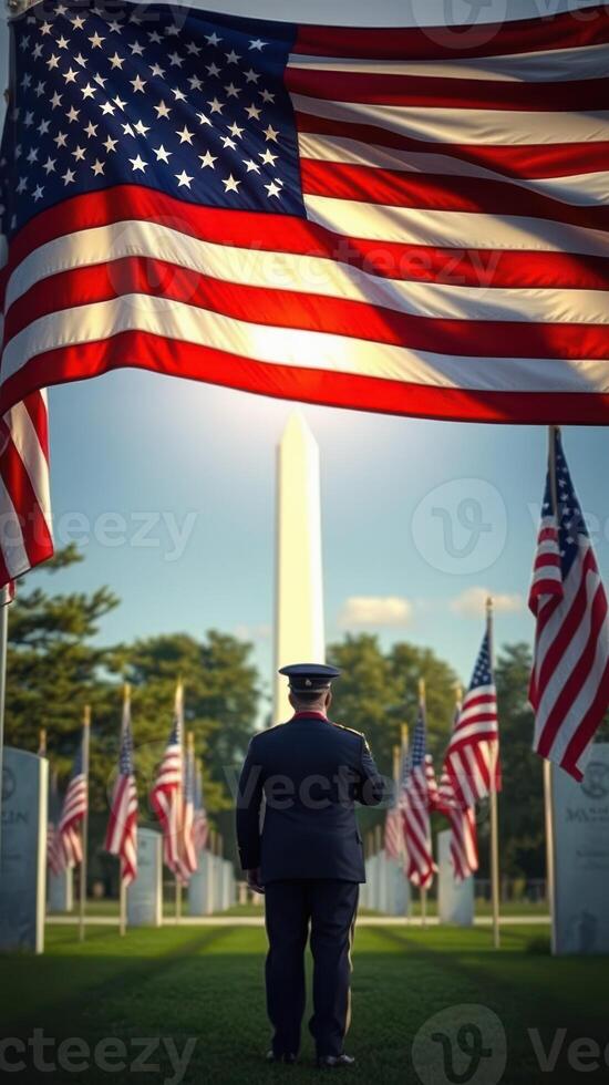 Honor and remembrance at the memorial with flags and monument during bright daylight photo