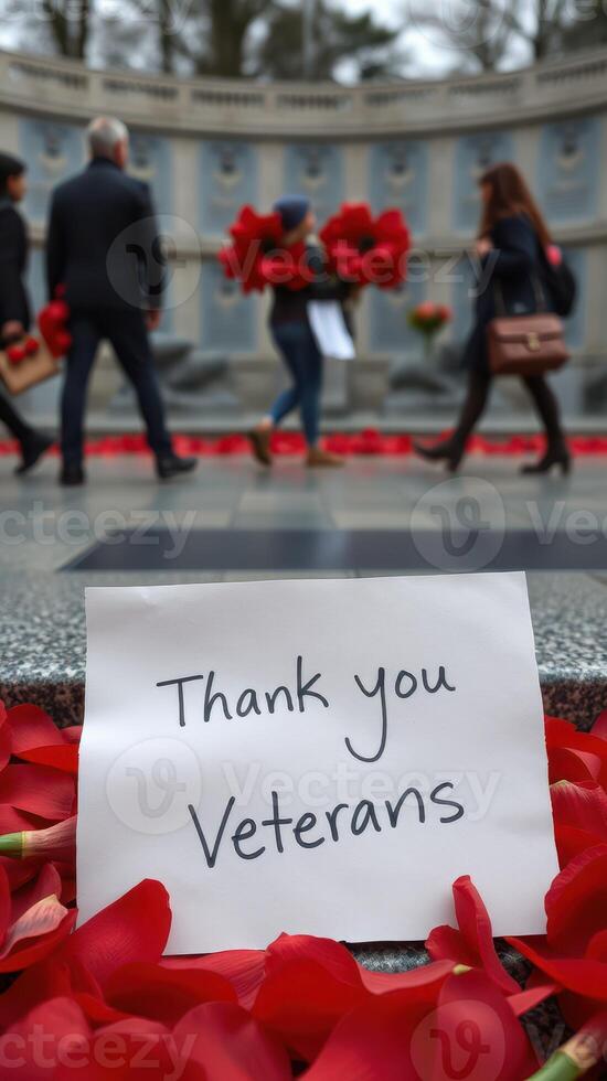 People honor veterans with flowers and appreciation at a memorial site during an observance event photo