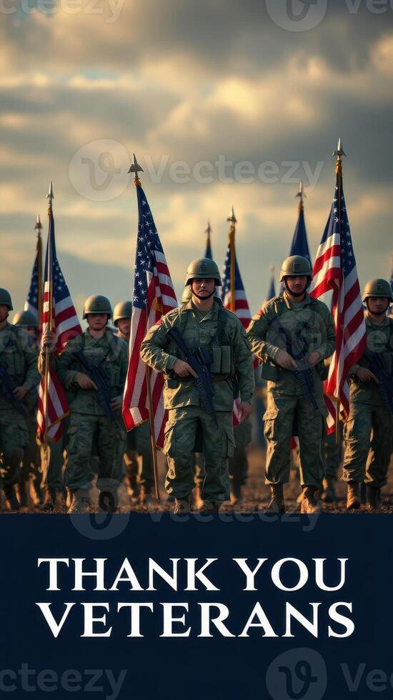 Veterans stand in formation holding flags under a dramatic sky during a tribute event honoring their service and sacrifice photo