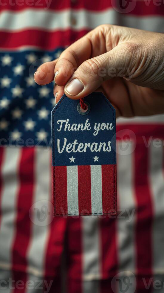 Hand holding tag expressing gratitude to veterans against a backdrop of an American flag, symbolizing respect and appreciation for service photo